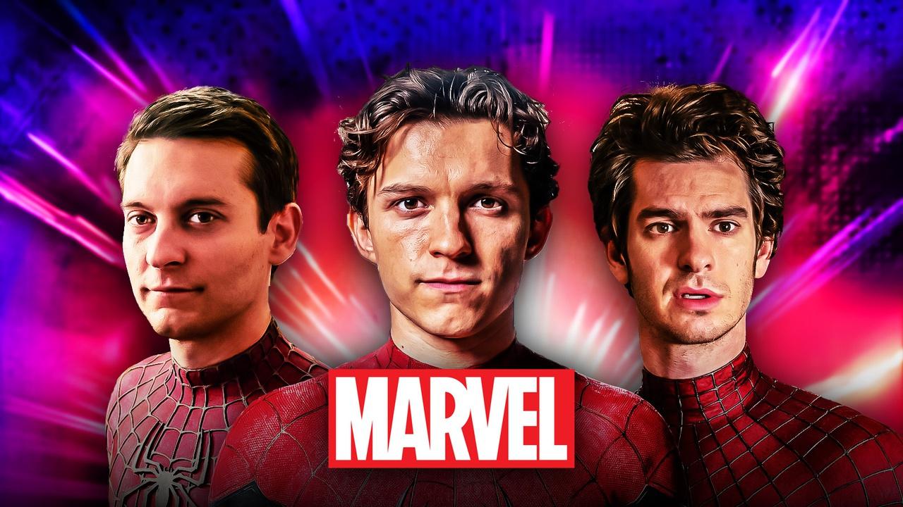 Tobey Maguire, Tom Holland, Andrew Garfield as Spider-Man; Marvel Studios Logo.