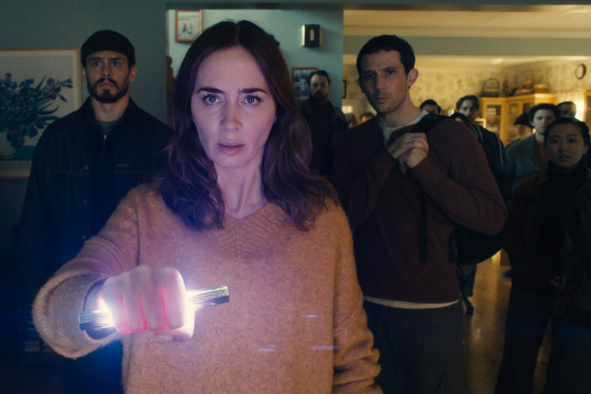 From left, Tommy Martinez as Santiago, Emily Blunt as Margaret Fairchild and Josh O’Connor as Dr. Daniel Kellner in “Disclosure Day,” directed by Steven Spielberg. The latest sci-fi blockbuster by the iconic director was shot on location in upstate New York and New Jersey.